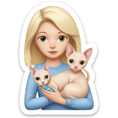 A white girl with blonde hair is holding a white Sphynx cat in her arms sticker