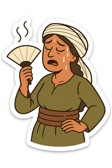 Kurdish sticker, cartoon style, Kurdish man or woman in jamadani, feeling hot, sweating, fanning face, no text sticker