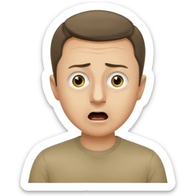 generate an emoji of Vladimir Zelensky in a khaki T-shirt. the emotion of intense surprise from fear. 4 different options sticker