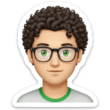 young man with dark tall voluminous curly hair styled up high on head, wearing glasses with green eyes and very light stubble, with a slight smile sticker
