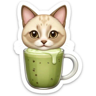 Happy Siamese Cat holding in its paws an iced matcha latte sticker