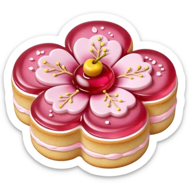 Realistic shortbread cookie in the shape of a cherry blossom with pale pink color jelly middle filling and sprinkled powder sugar on top. sticker