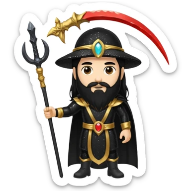 Saturn, God of Time with long black hair and beard, black sequin outfit sticker