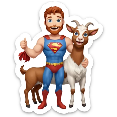 Full body Adult Superman Blue Eyes Scruffy Redish hair and redish trimmed Beard Muscle happy holding a happy laughing blue goat  sticker