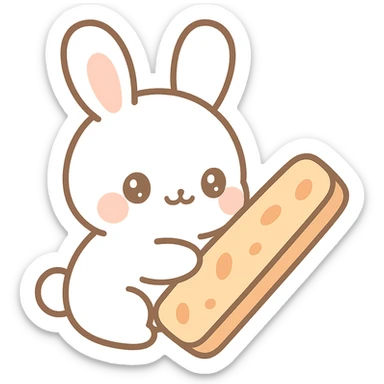 adorable small rabbit, Japanese anime style, playing with a biscotti sticker