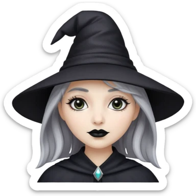 pale girl with grey silver hair, black lipstick, black eyeshadow, black wizard hat  sticker