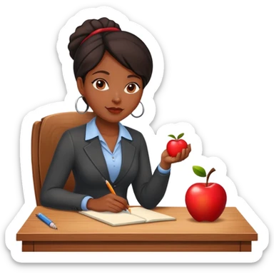 Black female teacher sitting at desk with one apple sticker