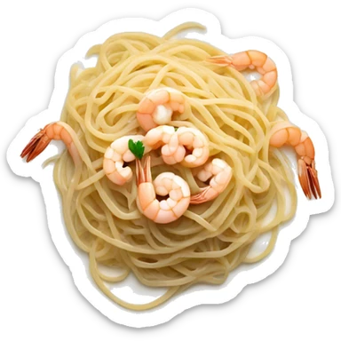 long thin linguine pasta noodles on a plate with white sauce and shrimp top down view high contrast background sticker