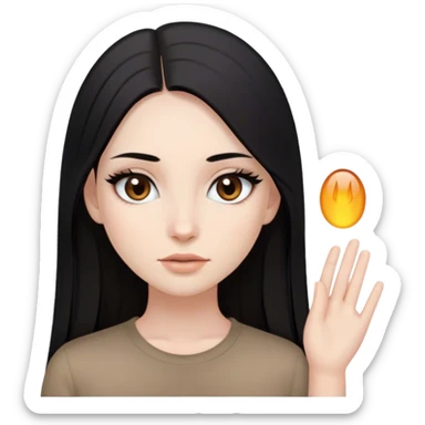 Girl with long straight black hair, brown eyes, pale skin, make up, long lashes, oval face and brown shirt sticker