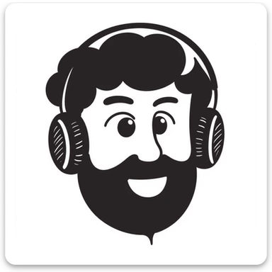 A person with black hair, brown eyes, black beard wearing gaming headphones, saying "Bonjour!" sticker