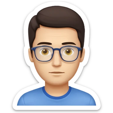 a young man around 30 years old, dark brown eyes, with dark brown hair, longer rectangular face, light yellow skin color, small eyes with rectangle shape glasses, without beard, no forehead wrinkles, wear shirt sticker