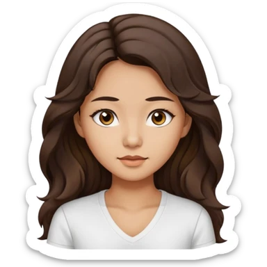 iOS style emoji. A girl with very long dark brown wavy hair. And the eyes color is dark brown. And she is wearing white t shirt with V kneck. And she is 30. She is Asian with double eyelids  sticker