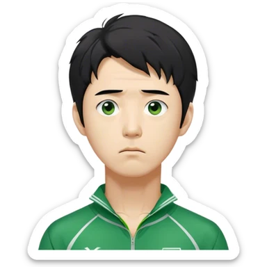 Seong Gi-hun : A tall, slim man with messy, unkempt black hair and tired eyes, showing signs of stress, Green player tracksuit, Around 40s sticker