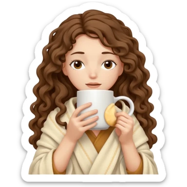 a slender girl with fair skin with long curly brown hair wrapped in a cream blanket in her hands a white mug her face is calm and her eyes are closed sticker