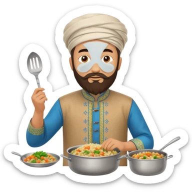 uzbek bearded man with national outfit cooking pilaf sticker