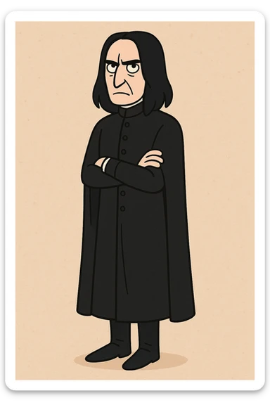 full body illustration of Severus Snape in cute, cartoon, simplified style with bold black lines and soft colors, long straight black hair, serious expression, wearing long black tunic sticker