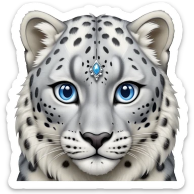 Cinematic-Noble-Snow-Leopard-Portrait-Emoji – Poised and majestic, with a muscular, agile build and a beautifully patterned coat of soft white and grey fur, marked with striking rosettes, deep-set, intelligent icy blue eyes, simplified yet sharp and sophisticated zoomed out showing the shoulders sticker