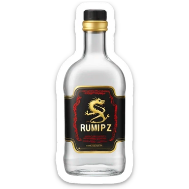clear bottle of rumpleminze clear alcohol with a label that black with red border and font that has a small gold dragon on the label that says “RUMPZ” sticker