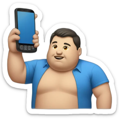 fat man in a blue shirt holding a phone sticker