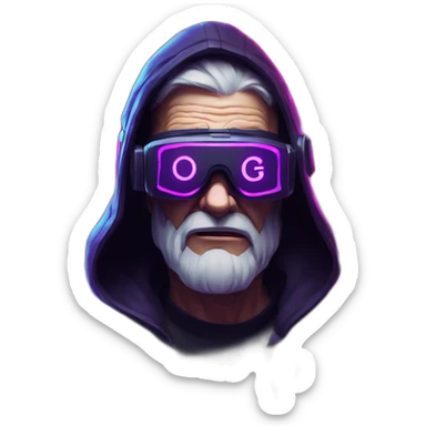 Russian old man wearing a black hoodie with "OMG" letters on it and VR headset in a cyberpunk VR environment with violet neon lighting. sticker