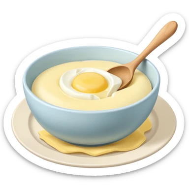 a dozen eggs, a ceramic mixing bowl with a wooden spoon and a plate of butter sticker