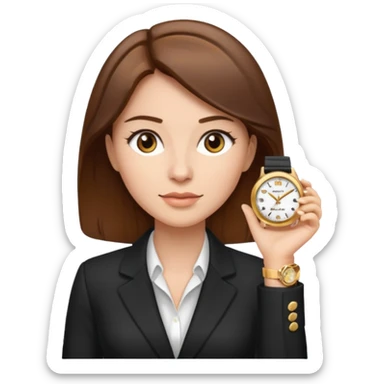 A buissnes Woman with Brown hair and a Gold watch sticker