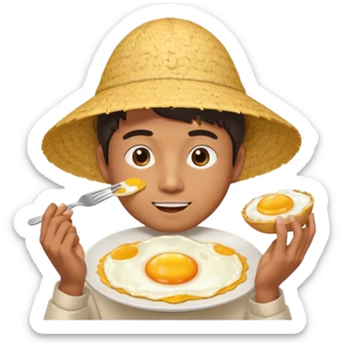 Asian guy with a rice hat eating an egg sticker