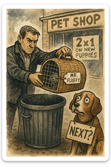 "Primo piano dell'uomo che butta il cesto del gatto (con ancora la scritta 'Mr. Fluffy') nel cassonetto, mentre il cane lo guarda terrorizzato con un cartello al collo: 'PROSSIMO?'. Sullo sfondo, un negozio di animali con l'insegna '2x1 su nuovi cuccioli'. Stile illustrazione editoriale, inchiostro e acquerello." sticker