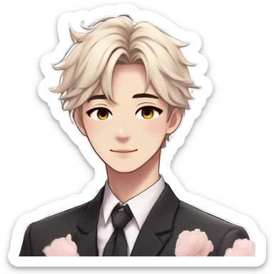 Gorgeous romantic anime style Asian formal modern shojo guy with cat ears and flowers and blushing face aesthetic trending style outside sticker