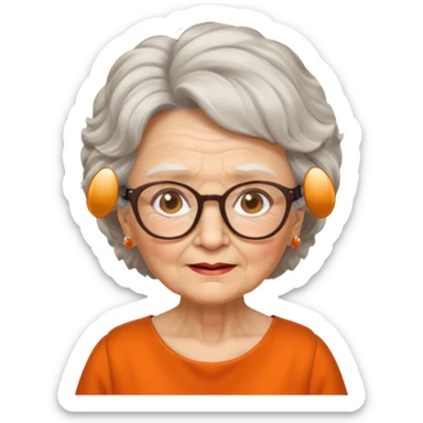 OLD LADY IN KITCHEN OUTFIT ORANGE DRESS, GLASSES. WHITE HAIR , AOROM BUSHY HAIR sticker