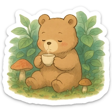 little bear sipping tea in the forest, surrounded by leaves and mushrooms, soft Ghibli style sticker