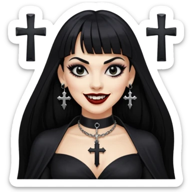 vampira com cabelo preto longo e liso e franja, olhos pretos, brincos em formato de cruz, choker em formato de cruz, roupa preta com decote, batom preto e sorrindo mostrando as presas de vampira sticker
