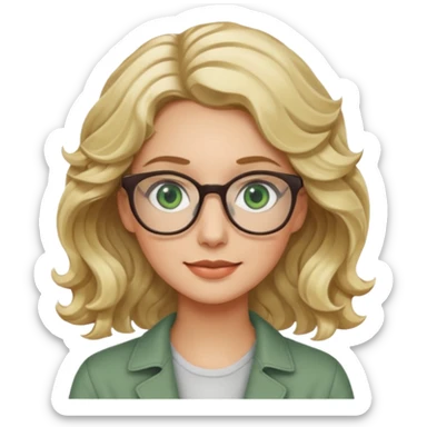 blonde woman, age 25-30, green eyes, wavy hair, friendly expression, product designer sticker