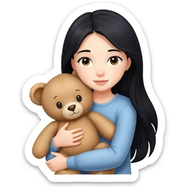 a pretty girl with long black hair hugs teddy bear sticker