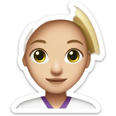 pretty nurse with long  straight blonde hair green eyes   in purple scrubs no stethoscopes sticker
