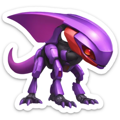 a purple-red Genesect-Raptor-Fakémon—hybrid with a futuristic visor-helmet full body sticker