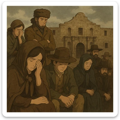 historical painting style of Texans mourning after the Alamo defeat, somber mood, muted colors sticker