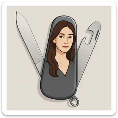 a modern and clean stylized swiss army knife with the image of a brunette woman with light brown eyes sticker