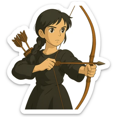 ghibli style girl with olive skin, gray eyes, black hair in a side braid, black outfit, bow and arrow sticker
