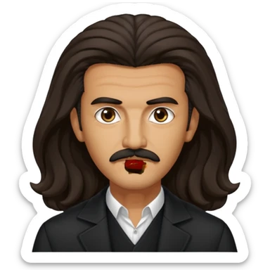 Tedros from The Idol with dark brown long hair and thin mustache, tan skin, black outfit sticker