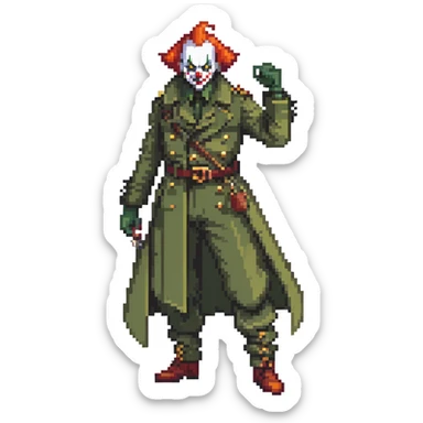 evil clown soldier, bald, small black horns on forehead, fangs, pointed ears, eye patch over one eye, long coat over black and military green clothes with bellbottom pants, tail, holding a whip, no knife, realistically proportioned, less bulky, full body, fighting stance sticker