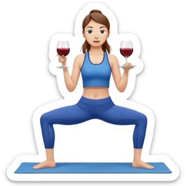 Белая Девушка с каштановыми длинными волосами, собранными в хвост, в синем спортивном топе и синих лосинах занимается йогой с бокалом вина в одной руке sticker