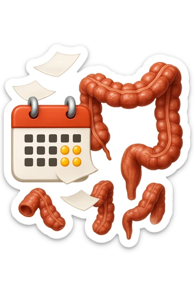 emoji stile iphone di un calendario con fogli che volano insieme a pezzi anatomici di colon umano, iperrealistico 4k, isolato su sfondo bianco sticker