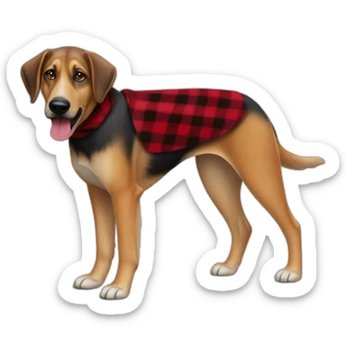 adult 75% Coonhound 25% German Shepherd mix dog with visible tail wearing small pointed red buffalo plaid bandana full body walking left quickly sticker