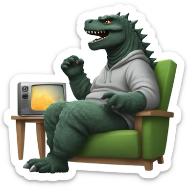 Godzilla wearing a hoody chilling watching tv sticker