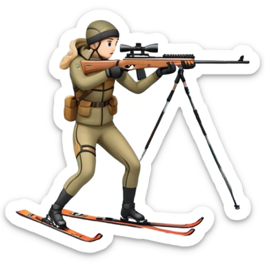 An icon showing a snowy landscape with pine trees, mountains, and a clear sky with a biathlete aiming a rifle in the foreground, wearing winter gear and skis. Transparent background emphasizes the precision, endurance, and beauty of this winter sport. sticker