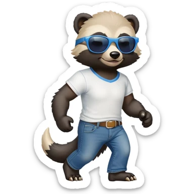 friendly anthropomorphised honey badger in jeans and a t-shirt, wearing sunglasses, walking upright, standard pose sticker