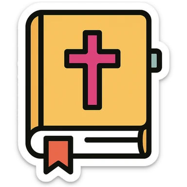 closed Bible with a pink cross on the cover, color outline icon style sticker