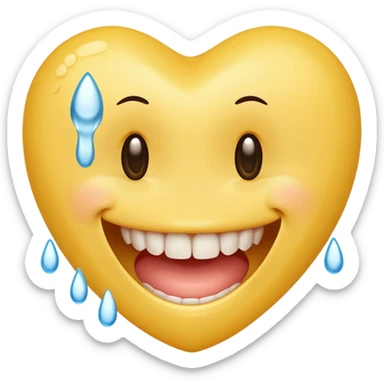 Yellow smiley face holding back tears with realistic watery eyes, and a big human tooth smile sticker