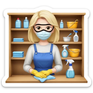 woman anxious cleaning a shelf and wearing a mask sticker
